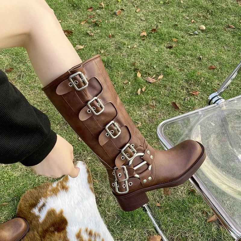 2026 Trend Women Anti-slip Platform Boots Metal Buckle Shoes Women Outdoor Vintage Soft Knight Boots