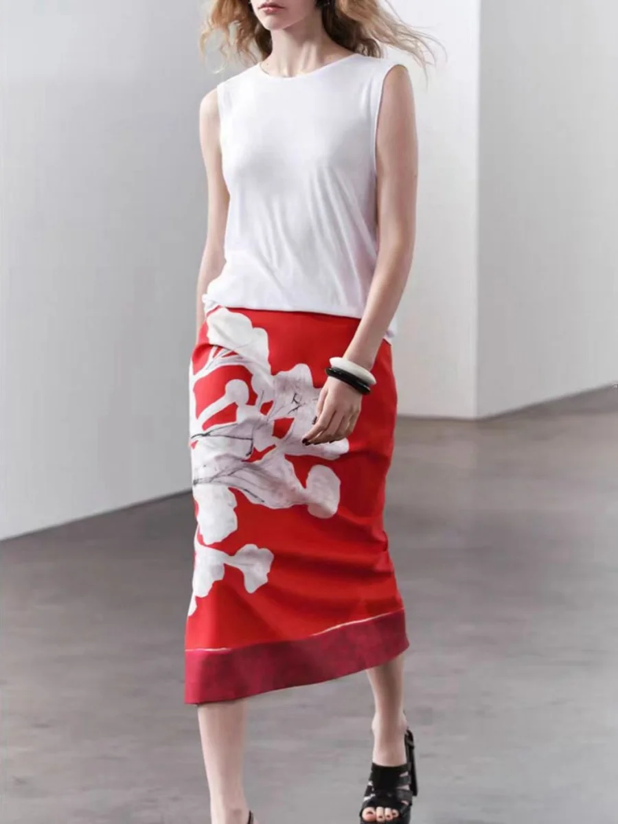 Taille haute imprimé jupe portefeuille droite mélange lin été nouveau femmes Faion mi-longue a-ligne jupes plante florale