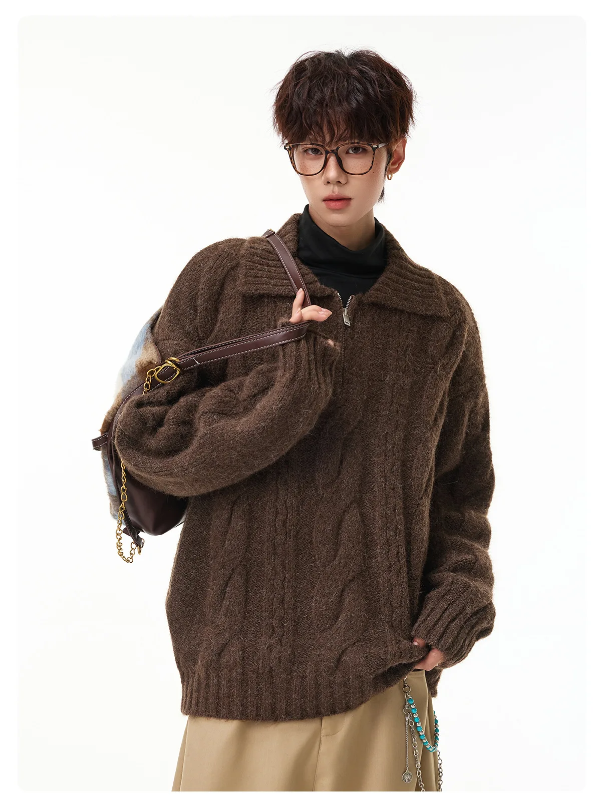 Men's Casual Sweater Lapel Half-Zip Relaxed Retro Loose-Fit Short-Sleeve Knit Jacket Autumn Winter.
