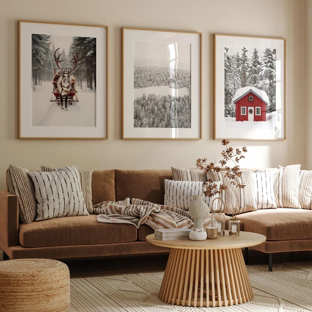 Christmas Prints Poster Winter Landscape Set of 3 Snowy Forest Wall Art Christmas Festive Holidays Decor Reindeer Print Gift
