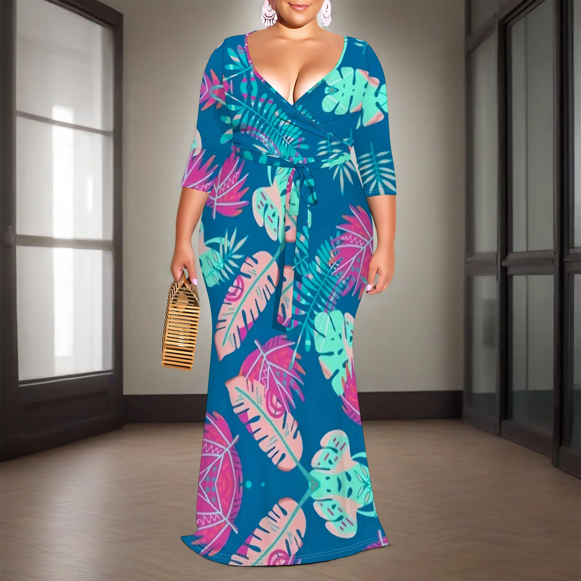

Tropical Leaf Print Wrap Maxi Dress XL-6XL | Vibrant Dress for Summer Parties, Beach Vacations, and Resort Wear