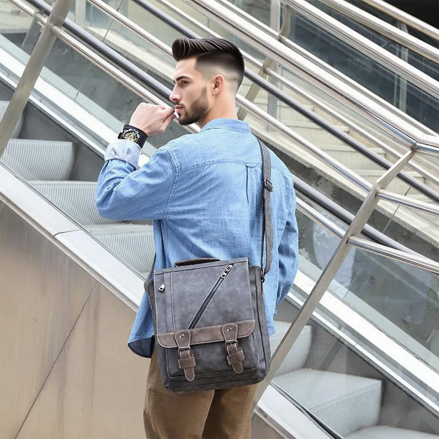 

Vintage Waterproof Crossbody Bag PU Fabric 7.9 inch iPad Large Capacity for Work Commute Outdoors Dating Sling Bag for Men