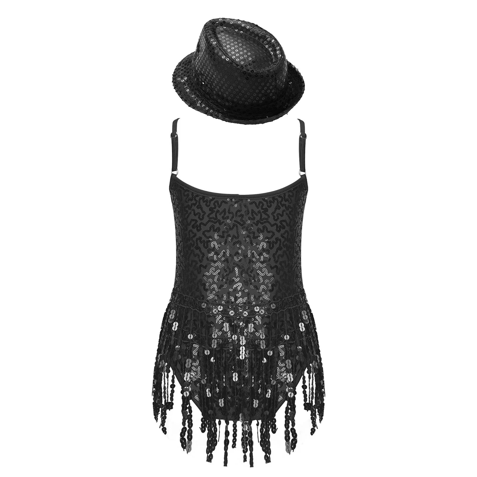 Kids Girls Sleeveless Shiny Sequins Tassel Bodysuit Gymnastics Leotard with Hat for Stage Performance Jazz Latin Dance Costume