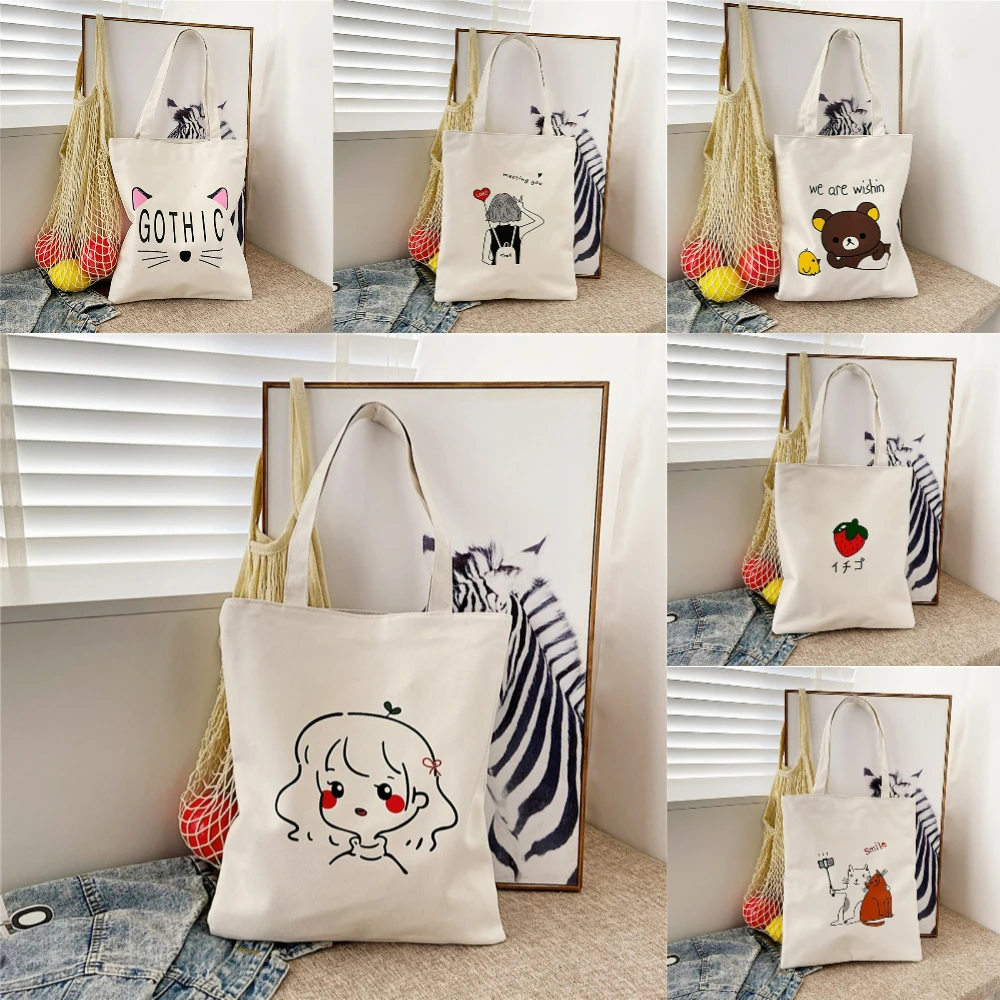 

Kawai Girl Cat Bear Canvas Tote Bag Reusable Eco Friendly Shopping Bag for Women Spacious Commuter Purse Daily Use Handbags Gift