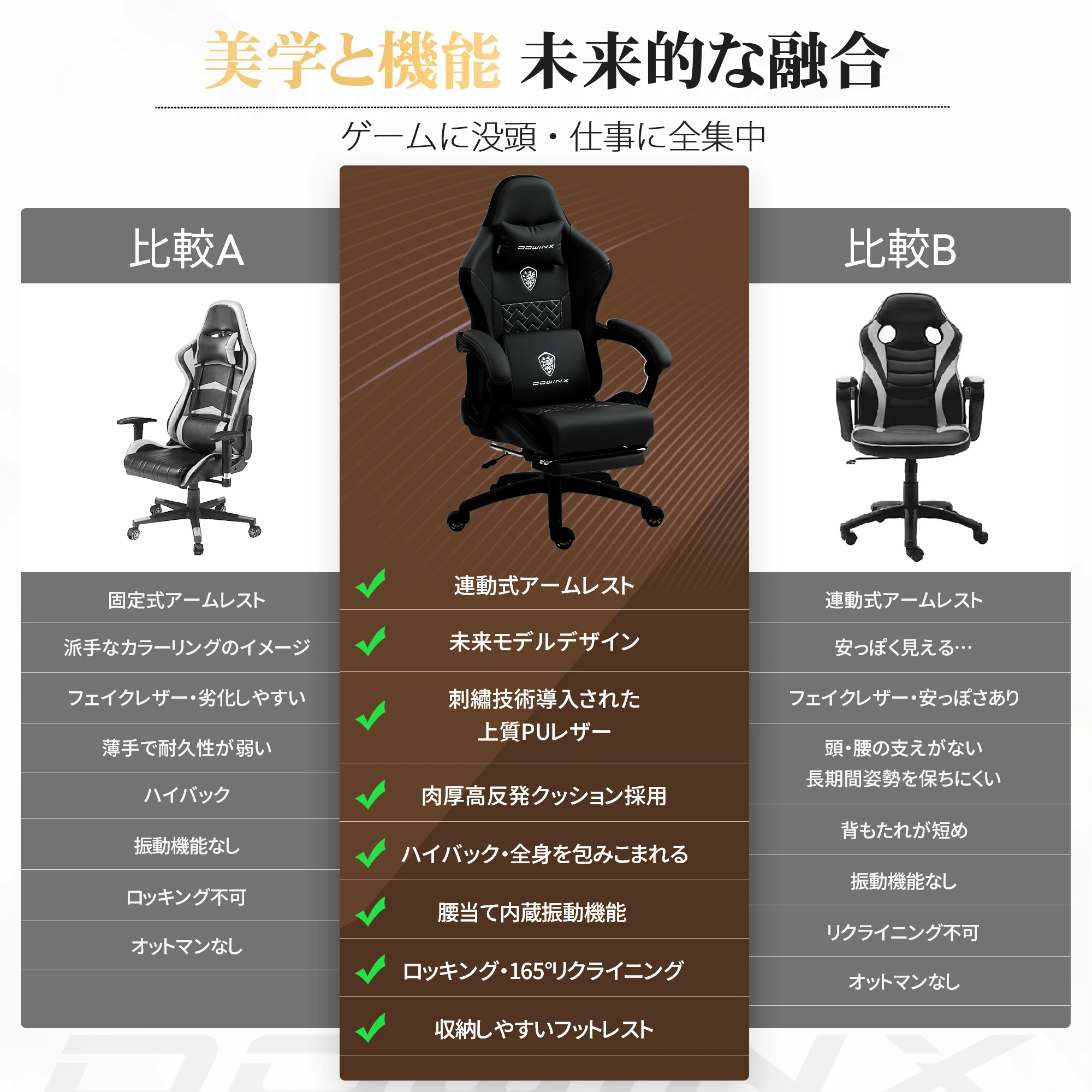 ゲーミングチェア 165°リクライニング & 15°ローキング機能 オットマン