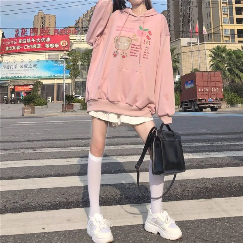 Lolita Mori Girl Harajuku Kawaii Hoodie With Long Rabbit Ear Cap Women Cute Bear Print Thin Sweatshirt Street Fashion Pullovers