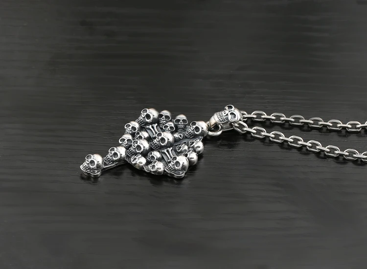 Gioielli in stile gotico europeo e americano alla moda da uomo in argento sterling S925 con testa di teschio e croce, testa di teschio, argento tailandese nec