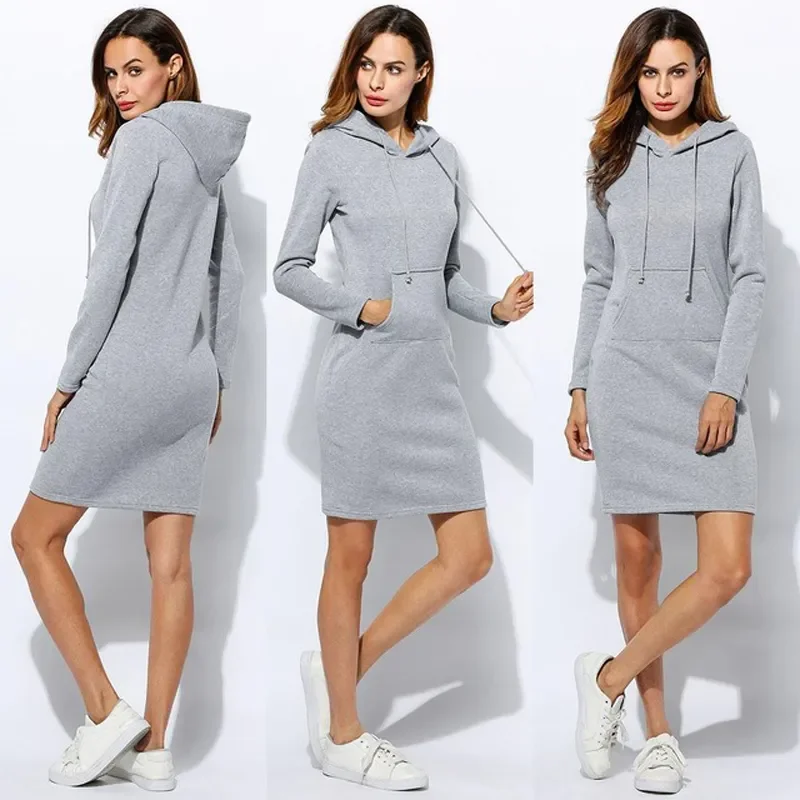 Women Sweatshirt Dress Hooded Long Sleeve Loose Casual Plus Size Warm Ladies Pocket Female Midi  2021 New Spring Winter Clothing