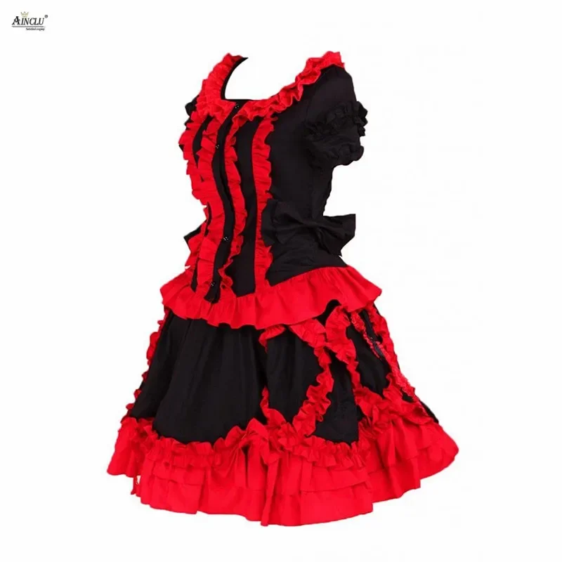 Vestido gótico de Lolita para mujer, vestido de algodón negro y rojo de manga corta con volantes y botones, vestido bonito de Lolita para niñas/disfraces de Cosplay XS-XXL