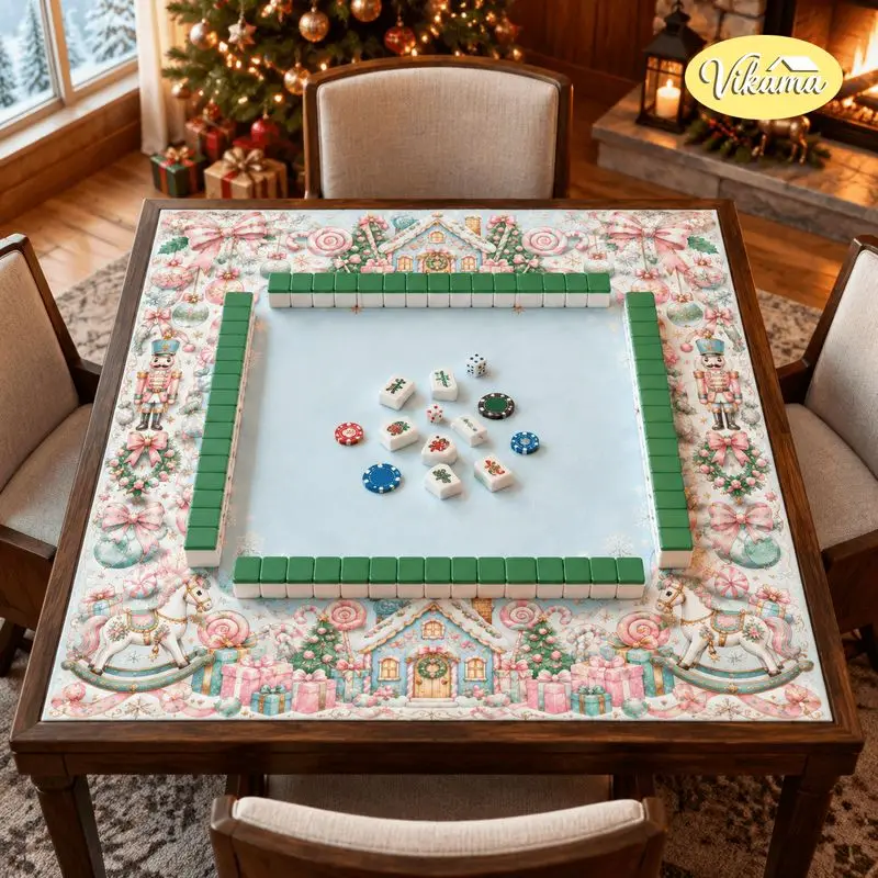 VIKAMA Christmas Mahjong Mat Nutcracker Cottage Candy Cane Bows Soft Non-Slip Mahjong Play Mat Game Room New Year Festival Decor