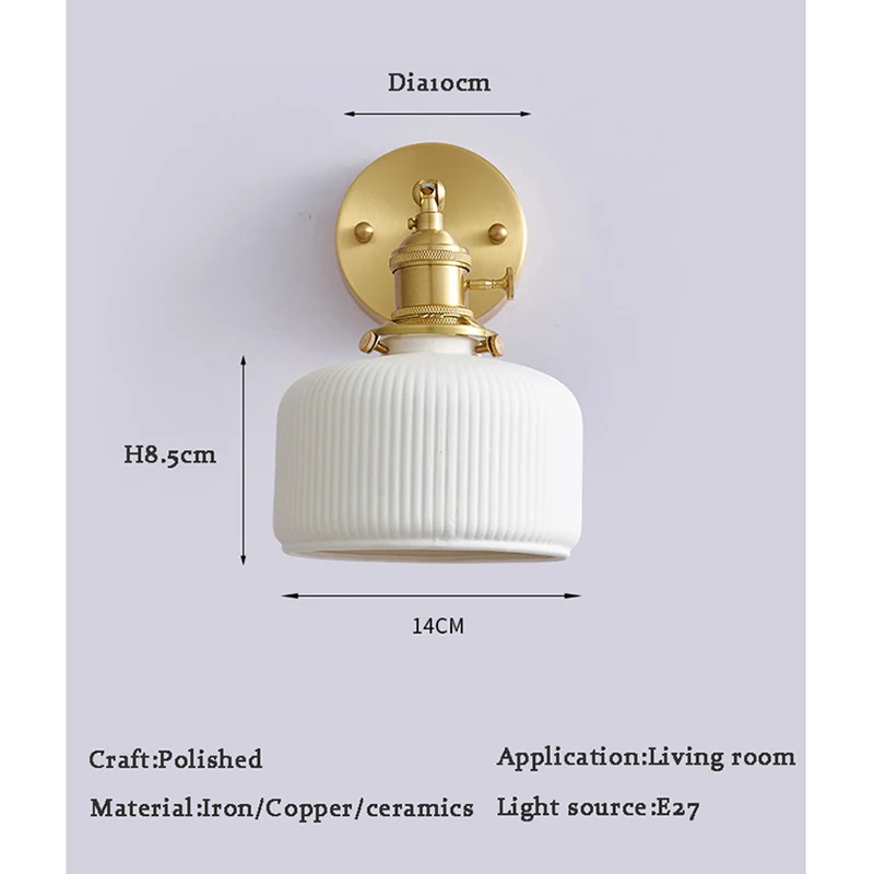 Fumi Modern Wall Sconce Lamps Lighting Fixture,White ceramics Wall lamp with Copper lamp Holder for Living Room Bedroom Bedsi