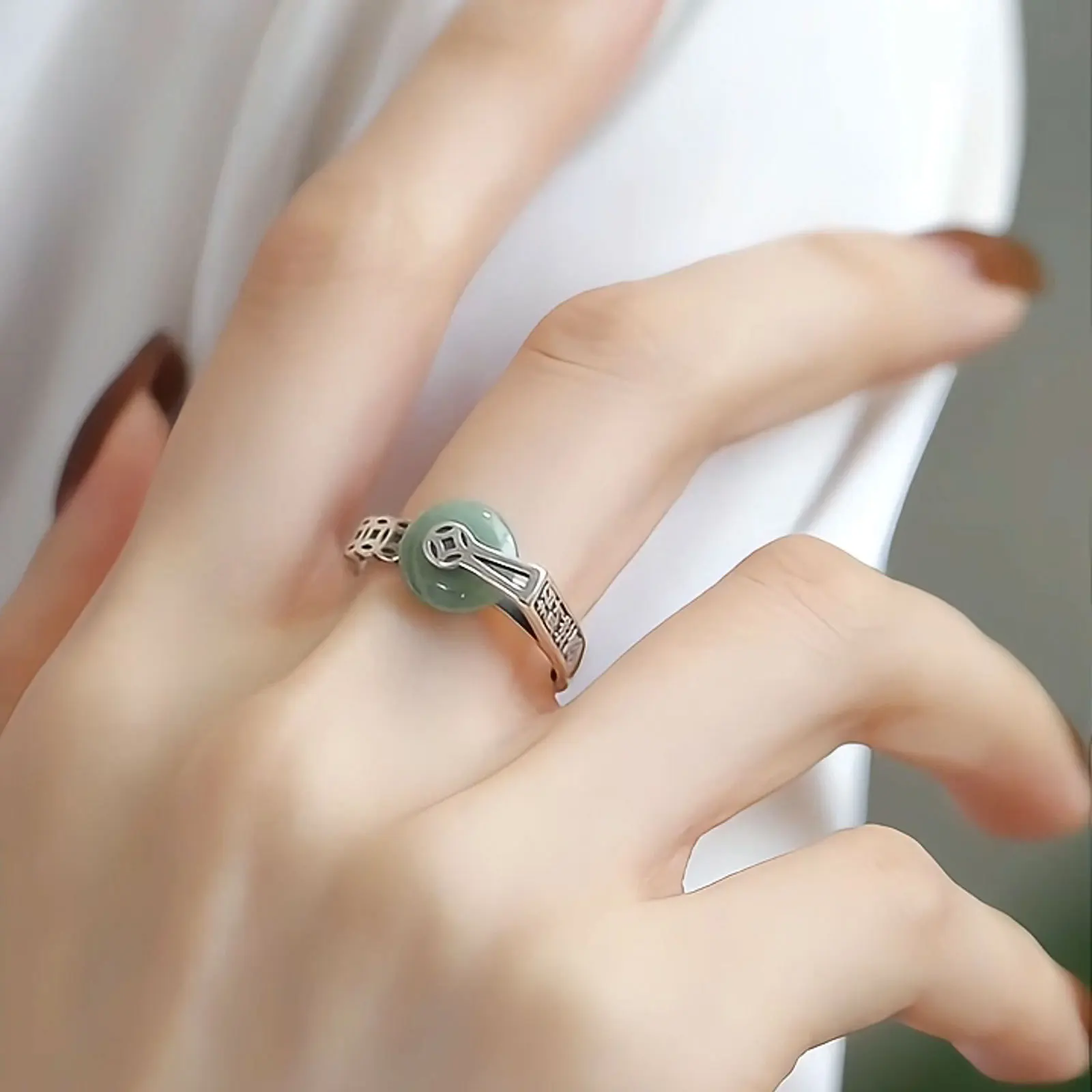 Retro silver 925 copper coin rings for women fresh natural jade round buckle rotatable ring ethnic style fine jewelry gifts