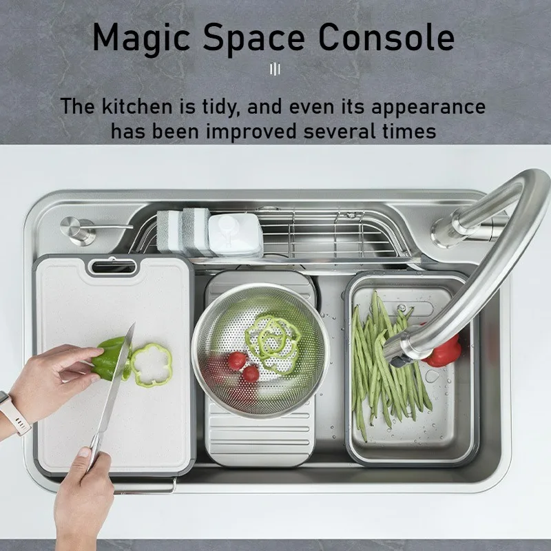Thickened 304 Stainless Steel Kitchen Sink Nano Silver Pressed Pattern Large Single Bowl Multi Function Drop in Sink for Home