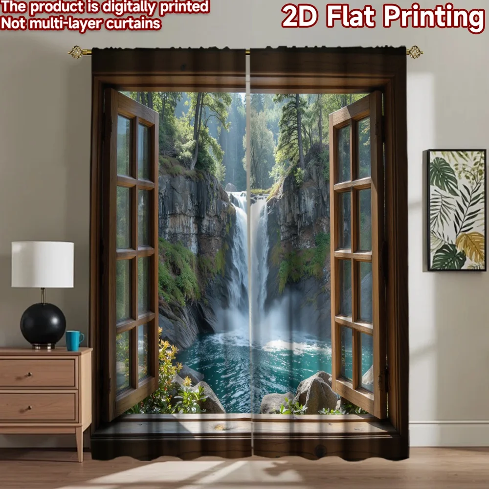 2D flat 2pcs Curtain Modern Minimalist Style View Waterfall Digitally printed polyester Festive Holiday Use for Festive for