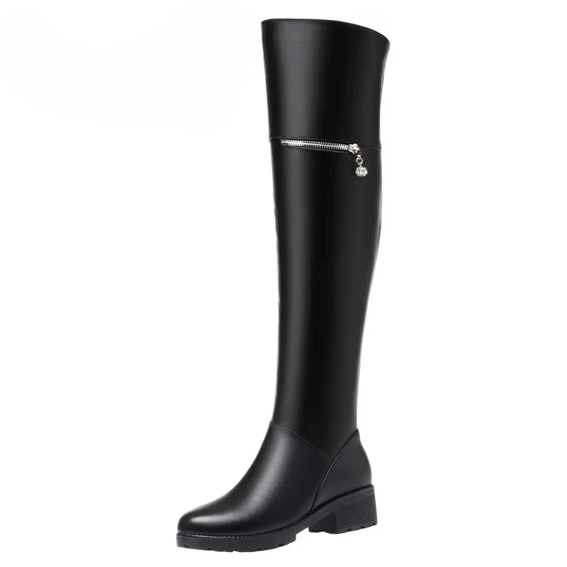 Women's Over Knee Boots Winter Fashion Middle Heel Fur Long Boots Women Genuine Leather Rider Boots Ladies