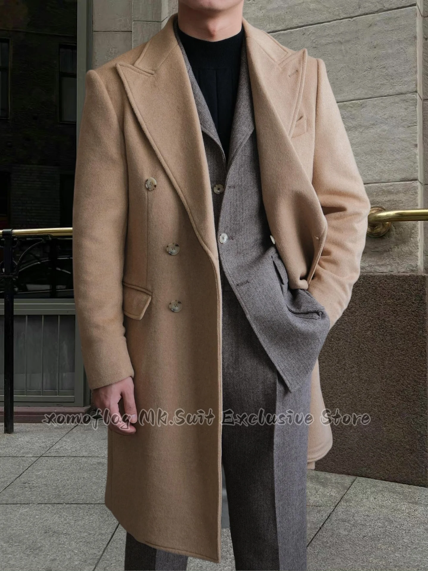 Nuevo abrigo largo de algodón Otoño Invierno cuello plano Color puro Casual negocios mezcla de lana Slim Fit traje de moda chaquetas cortavientos