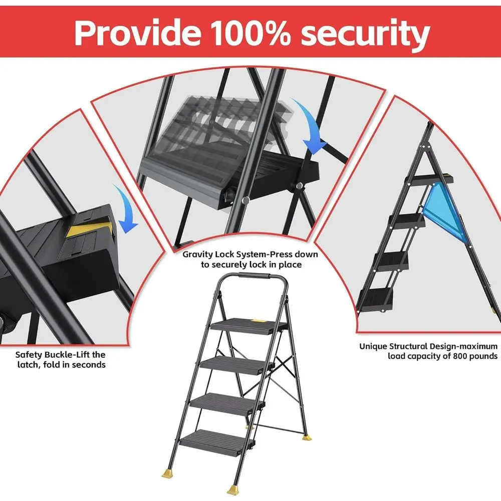 Foldable Folding Stool Step Ladder - 4 Stepping Tall Heavy Duty Extension with Handrails for Home Adults Kitchen - Extendable St