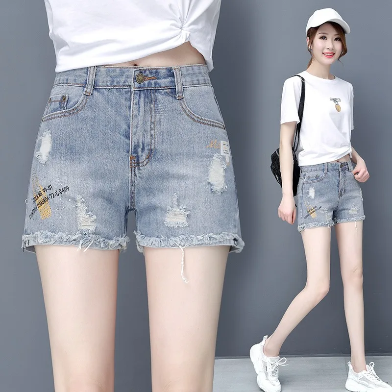 

High Waist A-Line Short Jeans Women's Summer Thin New Style Slimming High Risen Hem Cuffed Hole Pants Ladies Fashion