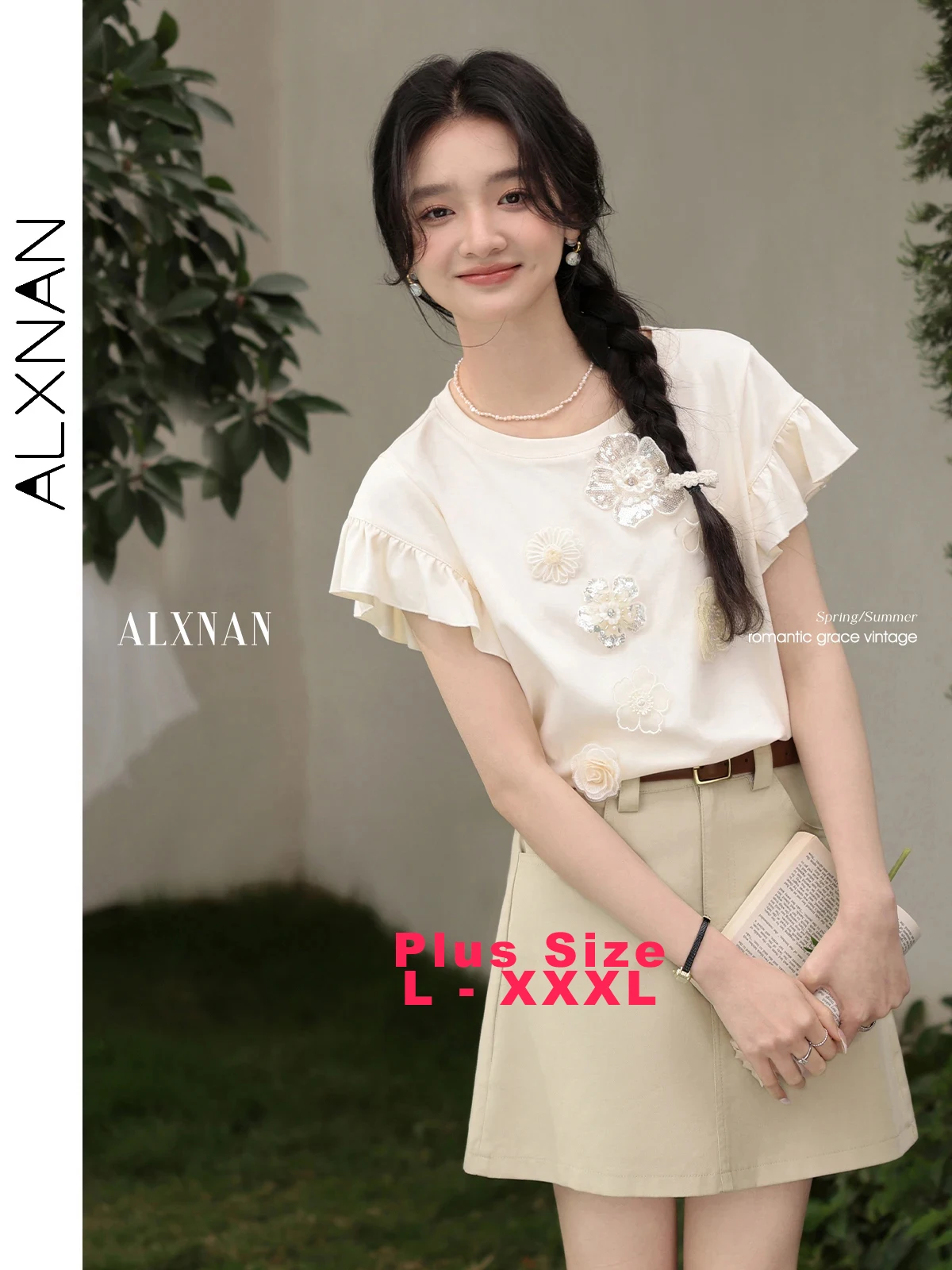 

ALXNAN Plus Size Mini Skirt Khaki Vintage A-line Short Cotton Skirts Elegant Fashion Holiday Casual Ladies Clothing D105158