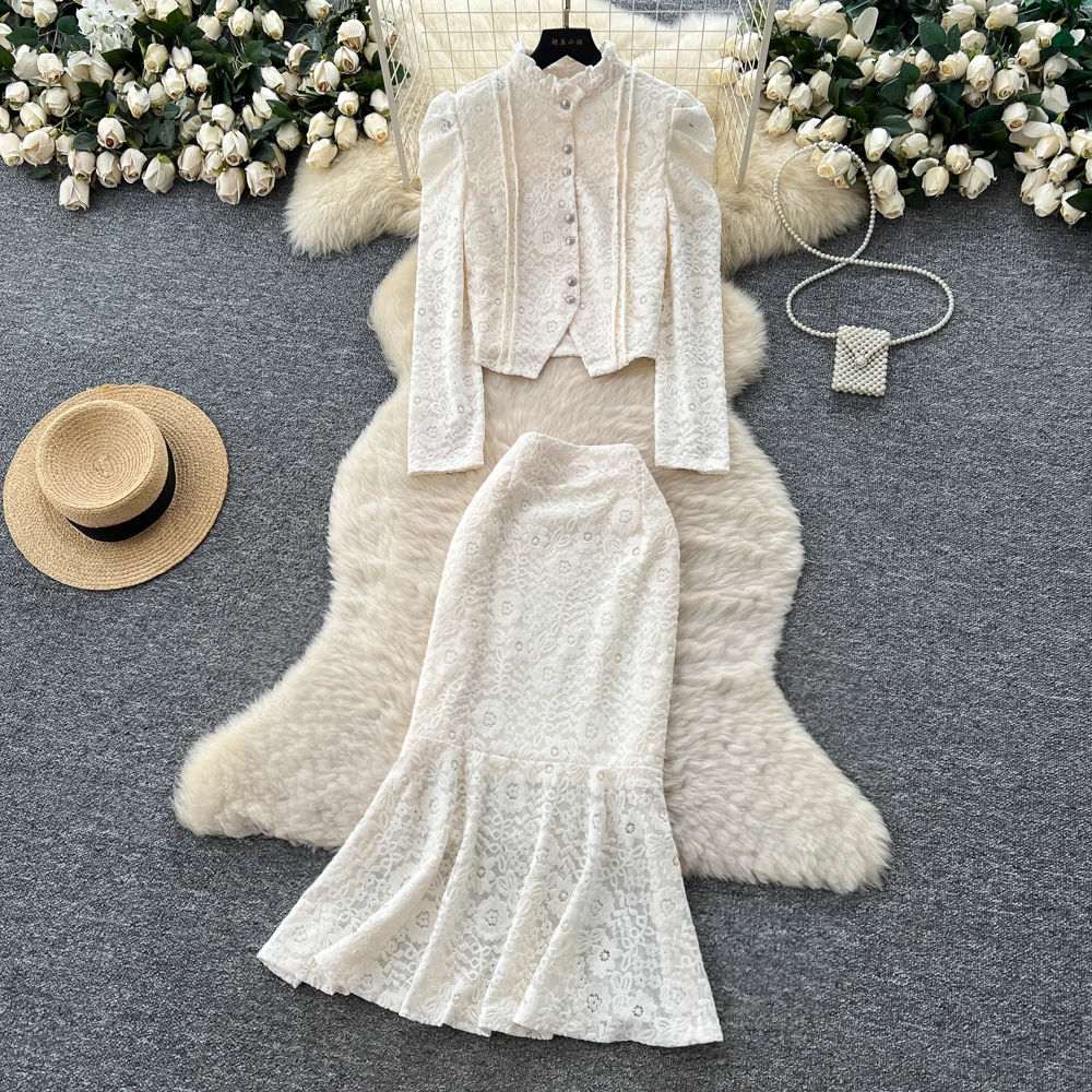 

Vintage Elegant long sleeve puff sleeve lace korean Fashion women clothing autumn dresses Two Piece Set
