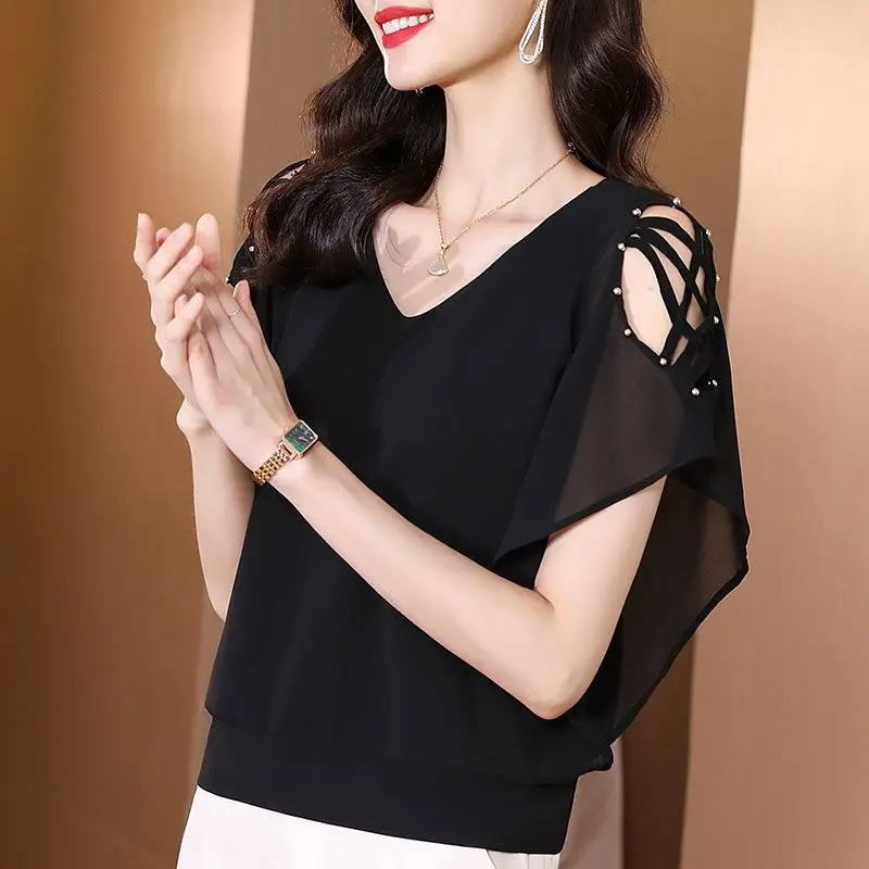 Korean Elegant Batwing Sleeve Chiffon Shirt Summer V-Neck Commute Solid Color Casual Female Clothing Loose Chic Beading Blouse