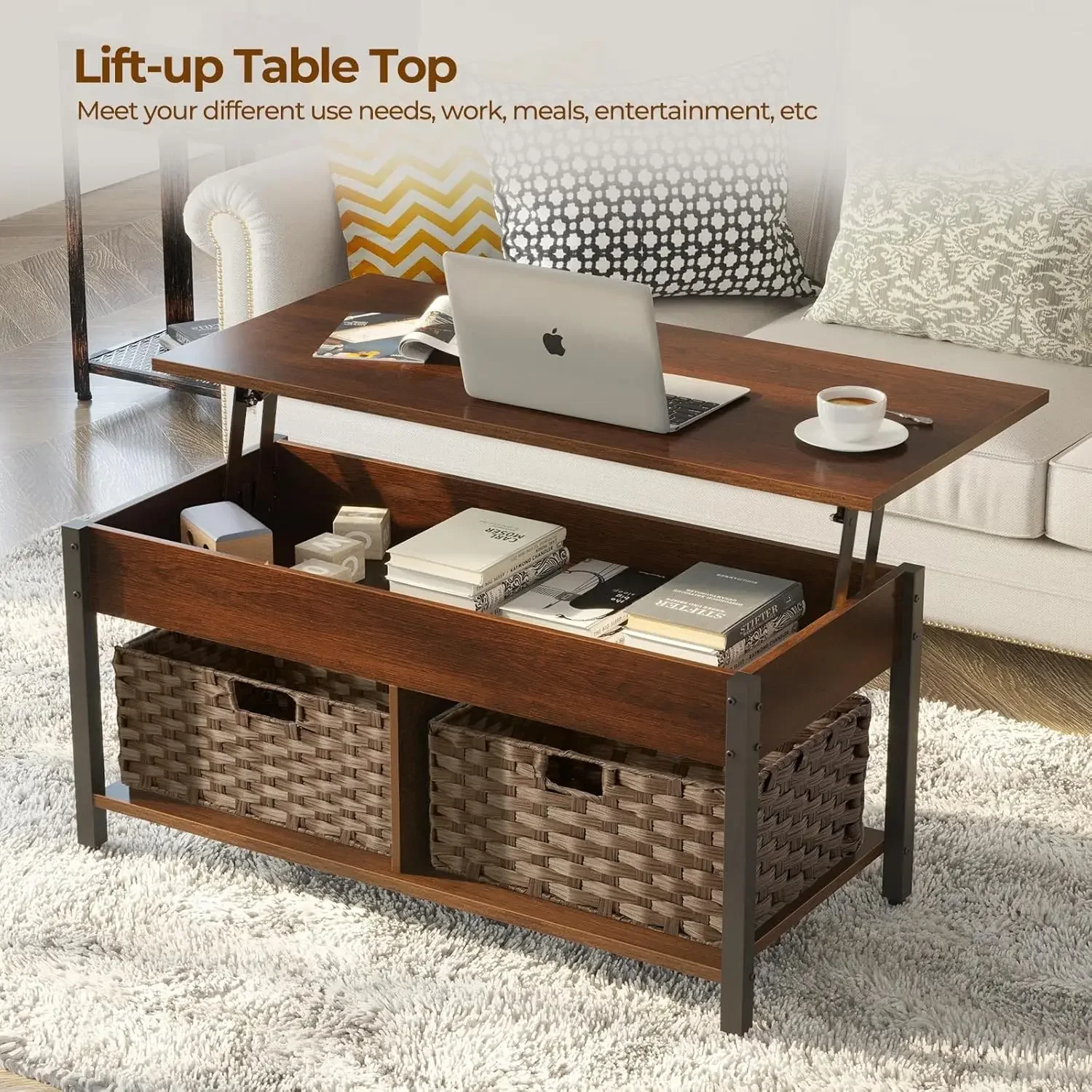 Lift Top Coffee Table with Hidden Storage Compartment and 2 Rattan Baskets, 41.7" Retro Central Table with Wooden Lift Tabletop