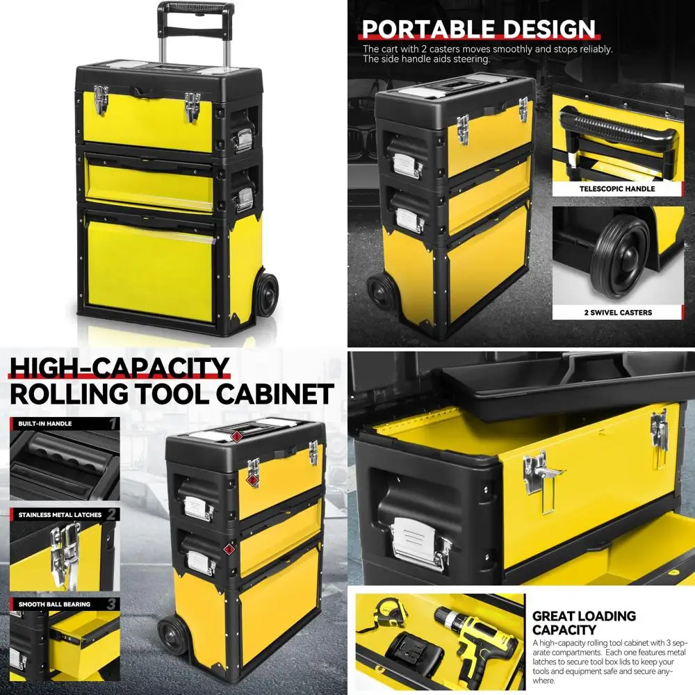Cassapanca impilabile per attrezzi a 3 livelli con organizer e ruote per riporre e mobilità efficienti degli attrezzi