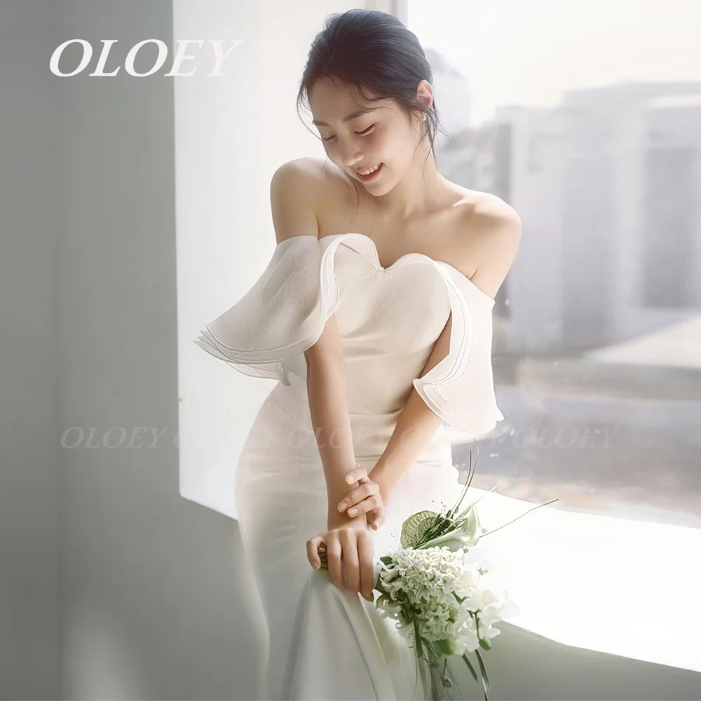 

OLOEY Simple Off Shoulder Mermaid Wedding Dress Korea Photoshoot Draped Ruffle Sleeves Bridal Gown Corset Back Customized