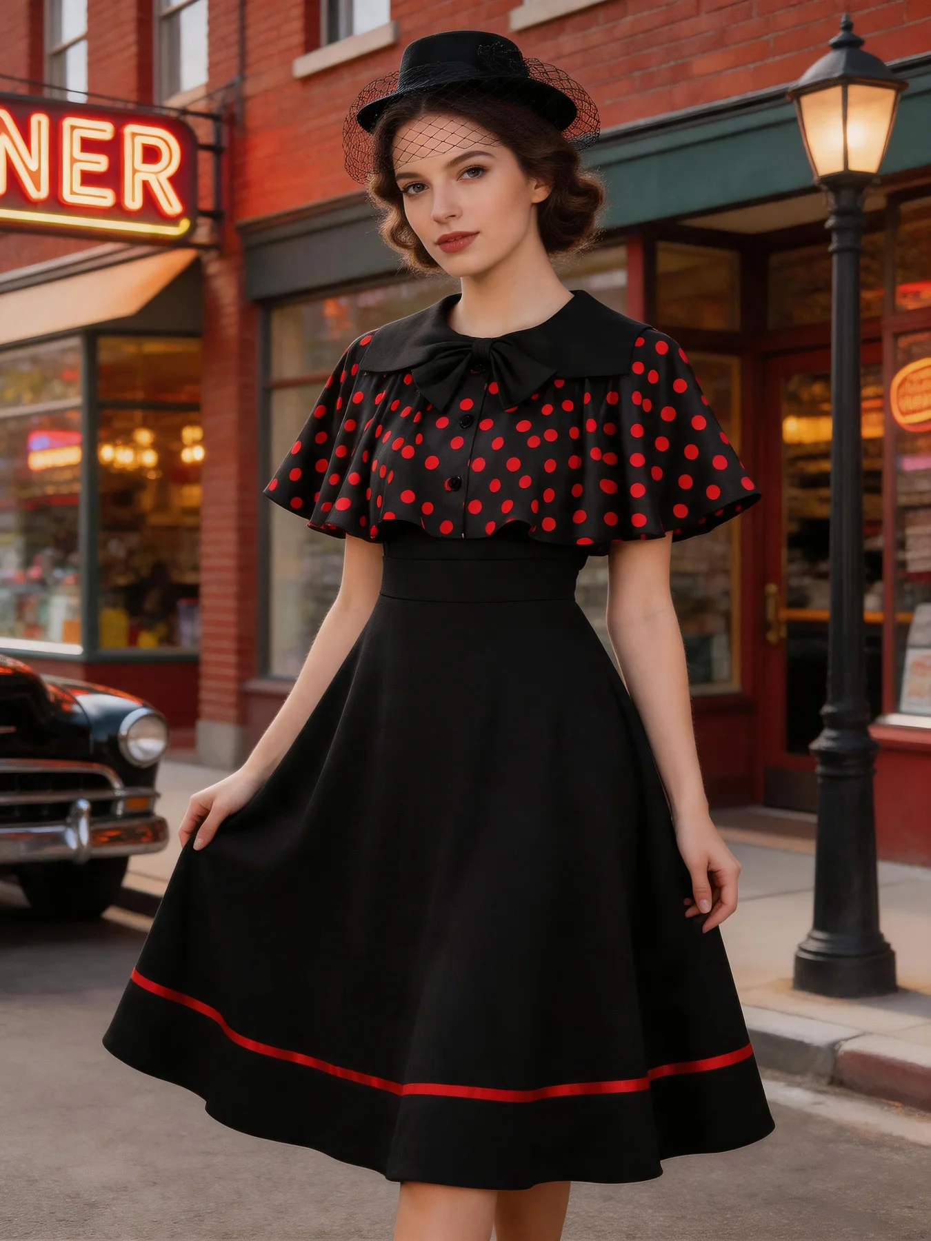 Tonval Polka Dot Cape and Dresses Two Pieces Dresses for Women Buttons Front Vintage Contrast Tape Hem Elegant Swing Dress
