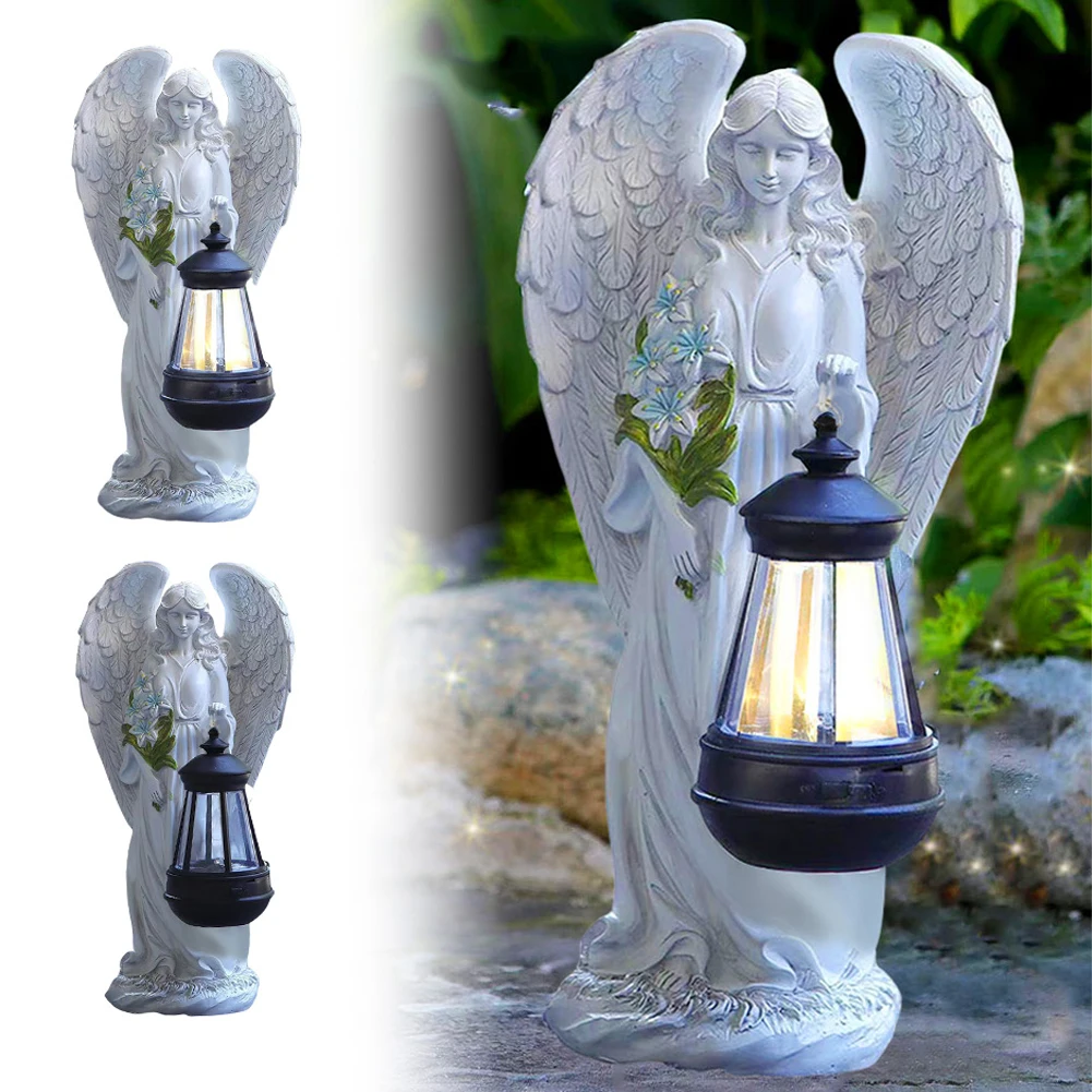 Solar Fairy Wings Statue Lamp Auto On & Off Decorative Angel Figurine Lantern Angel Ornament Light for Outside Yard Art Patio