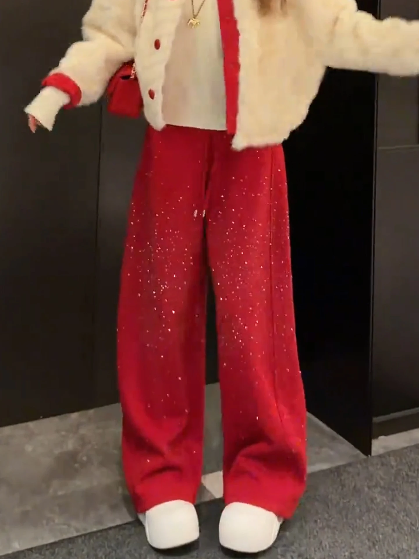 Shiny Sequin Fleece Wide Leg Pants Women's Casual Straight Cut Loose Fit Slimming Spring 2026 High Waist Polyester Fiber