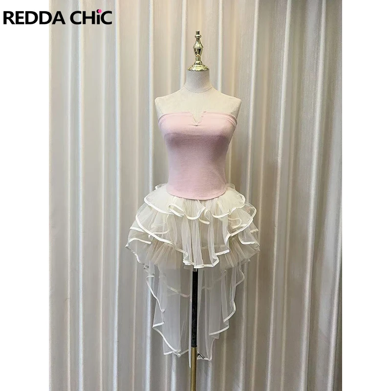 

ReddaChic Women Top High-low Mini Skirt Set Knit V-neck Sleeveless Vest Irregular Ruffle Layered Tutu Skirt Cute Party Clothes