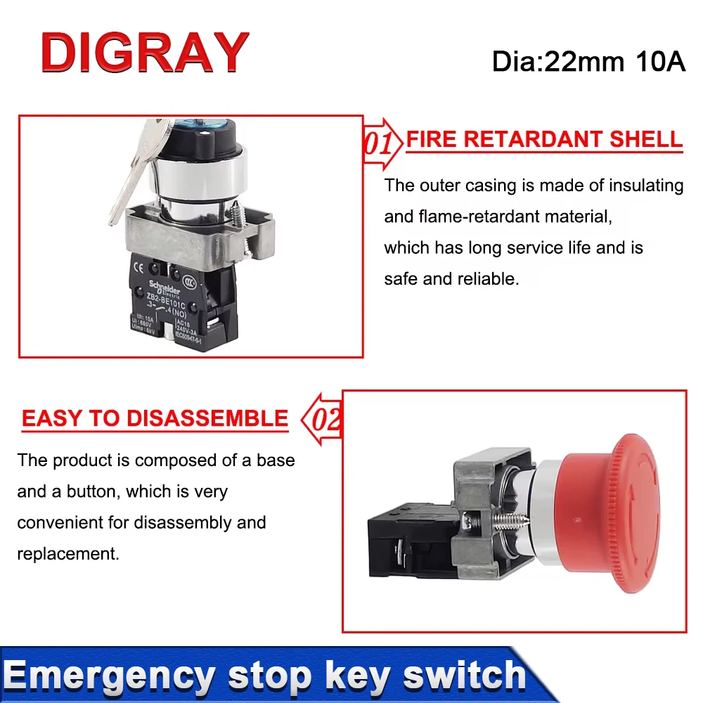 DIGRAY Emergency Stop Button NC Key Switch NO AC15 10A for CO2 Laser Engraving Cutting Machine & Fiber Marking Machine.