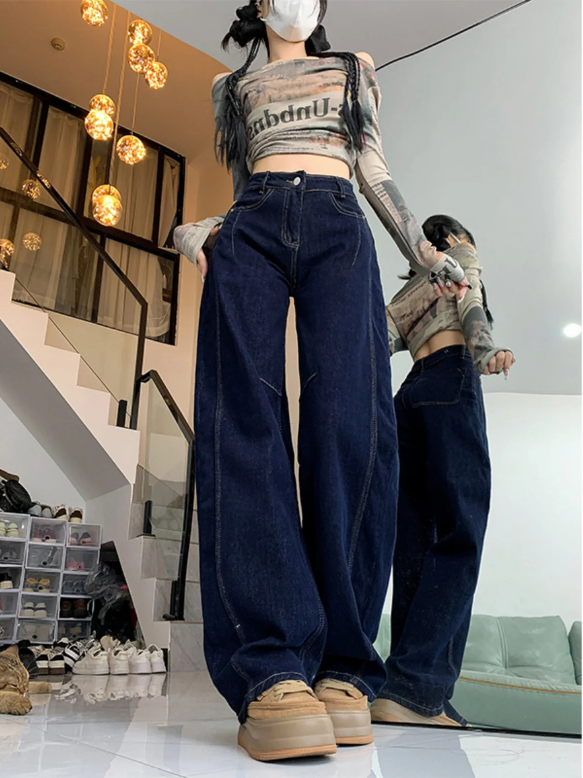 プラスサイズ カジュアル ハイウエスト ワイドレッグジーンズ レディース ブーツカットデザイン ゆったり ルーズフィット デニムパンツ 秋新作 スタイル アメリカンスタイル