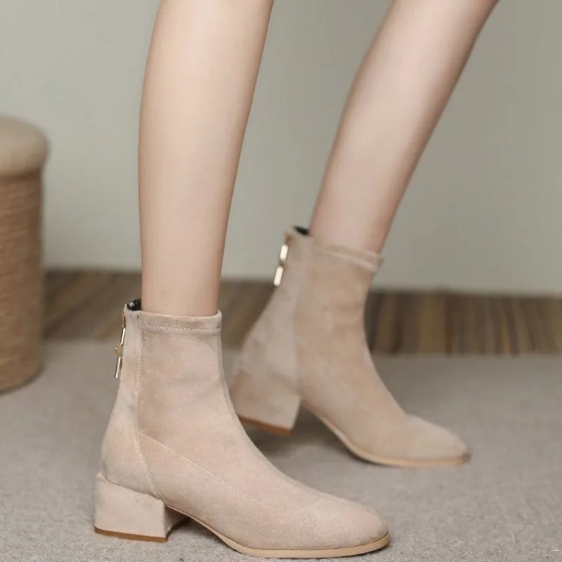 Booties Black Women\'s Ankle Boots Work Elegant with Medium Heels Short Shoes for Woman Suede Sale Gyaru Spring Autumn Footwear