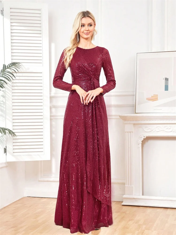 elegant Long Sleeve O-Neck Red Sequins Evening Dress Luxury 2024 Women Wedding Party Prom Cocktail Dress Graduation Gowns