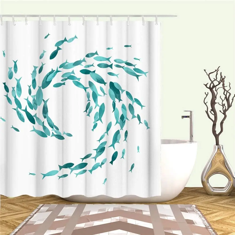 

Сине-зеленая занавеска для душа с рыбой, морская жизнь, декоративная тканевая занавеска для душа для ванной комнаты с крючком, бирюзовая 90x180 см