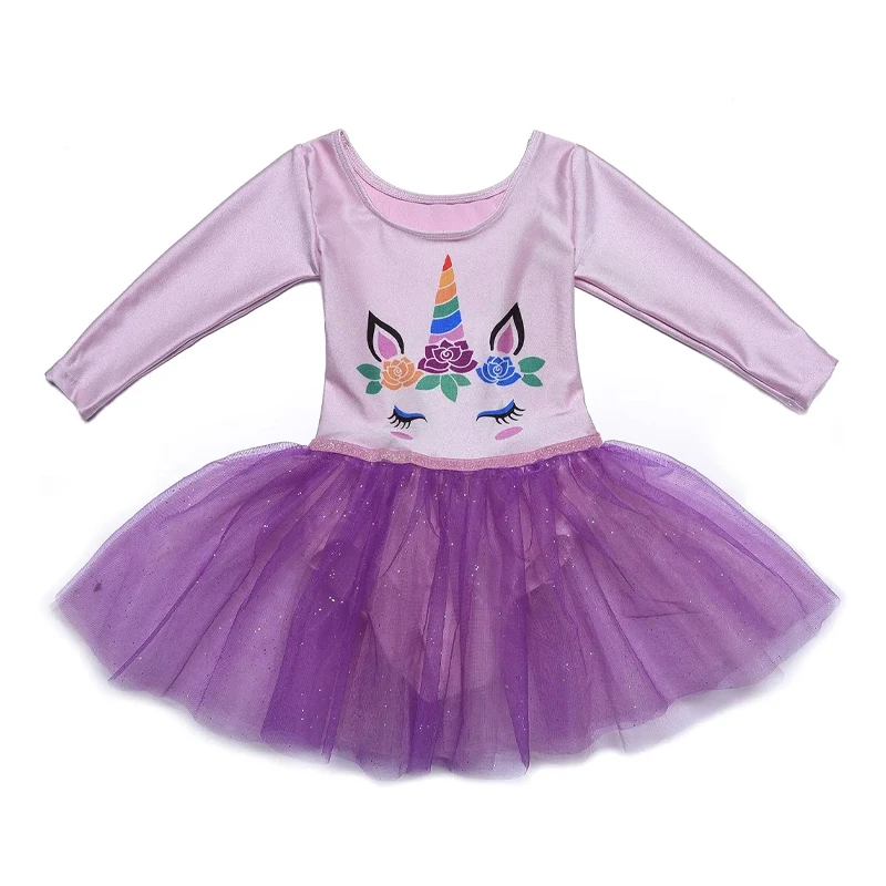 Collant de balé de manga comprida para meninas, saia tutu brilhante com cintura elástica e vestido de lantejoulas brilhantes sem números