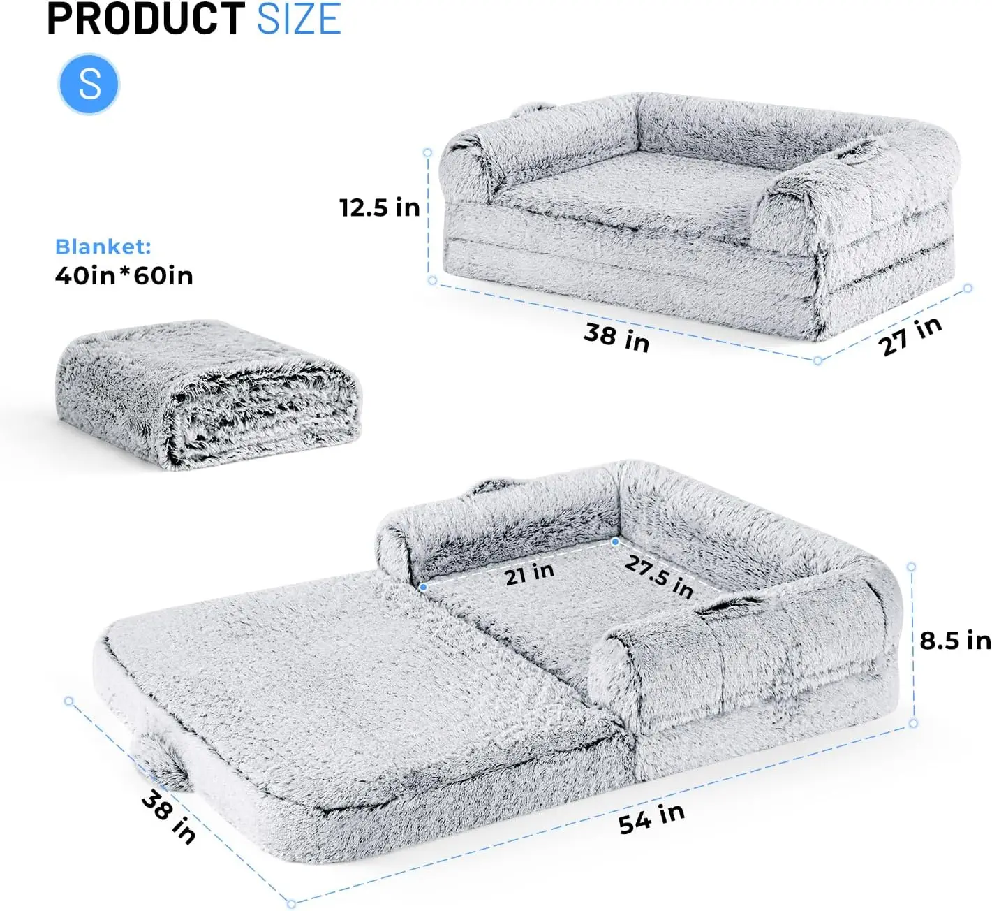 Cama grande dobrável para cães para crianças e animais de estimação, sofá ortopédico de espuma viscoelástica com cobertor, cinza 54 x 38 polegadas