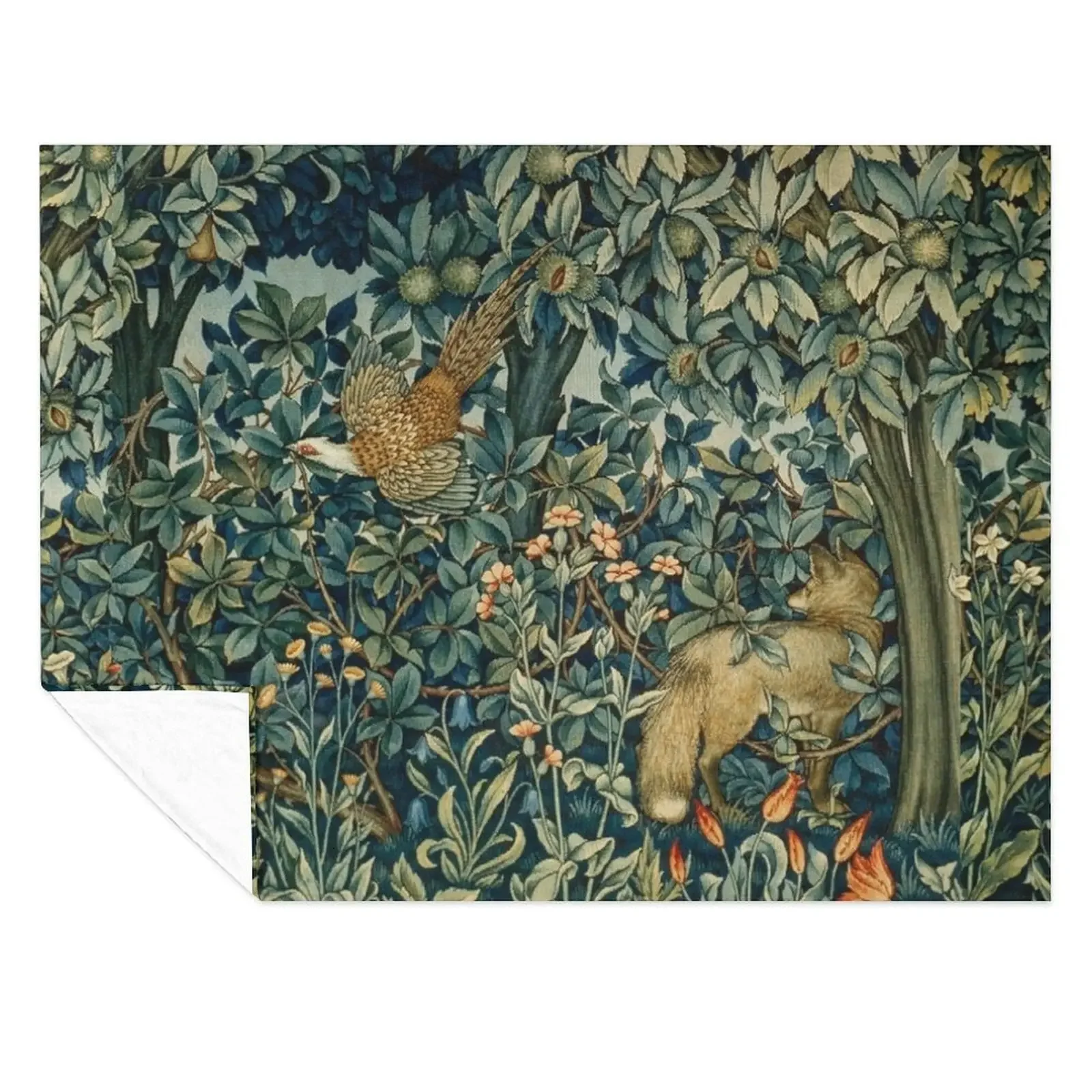 

GREENERY, FOREST ANIMALS Pheasant and Fox Blue Green Floral Tapestry Throw Blanket Camping Sofa Quilt Thin Picnic Blankets