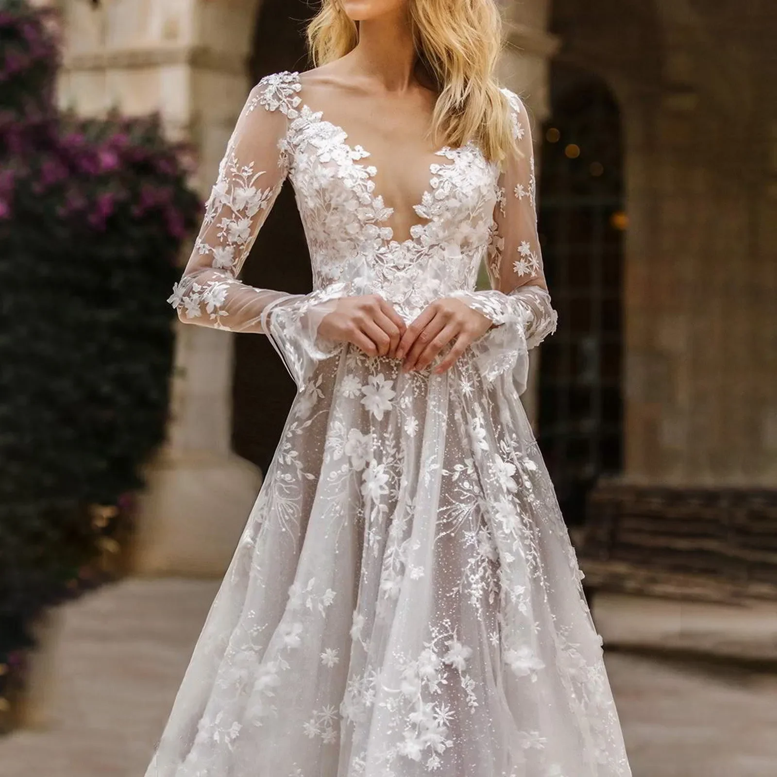 Ladies Spring Summer Sexy Deep V Lace Long Sleeve Dress White High Waist Backless Party Ball Dress Elegant and Beautiful Dress