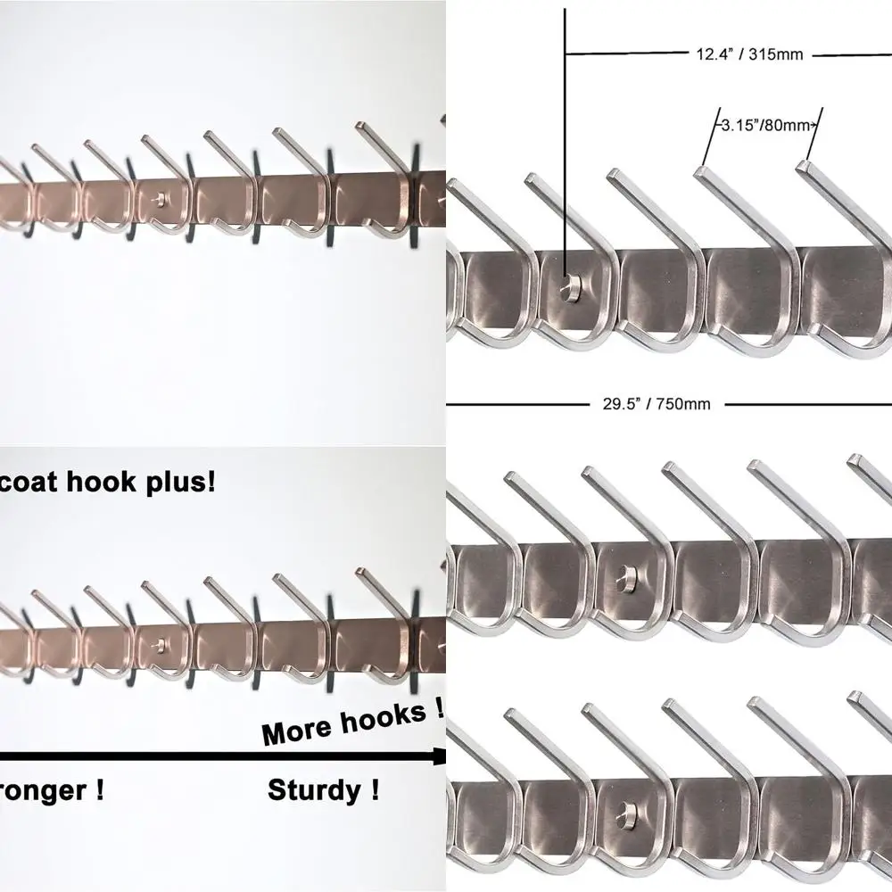 

Stainless Steel 304 Heavy-Duty Hook Rail with 10 Hooks, Satin Finish, Ideal for Home Storage and Organization in Bedrooms, Bathr