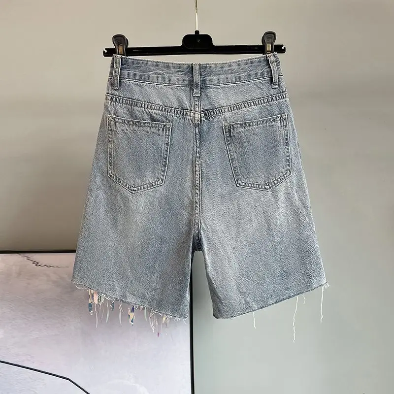 Denim Shorts Womens Heavy Industry Beauty Map Tassel Sequins Beads Broken Hole Five-point Denim Shorts Summer Y2K Straight Pants
