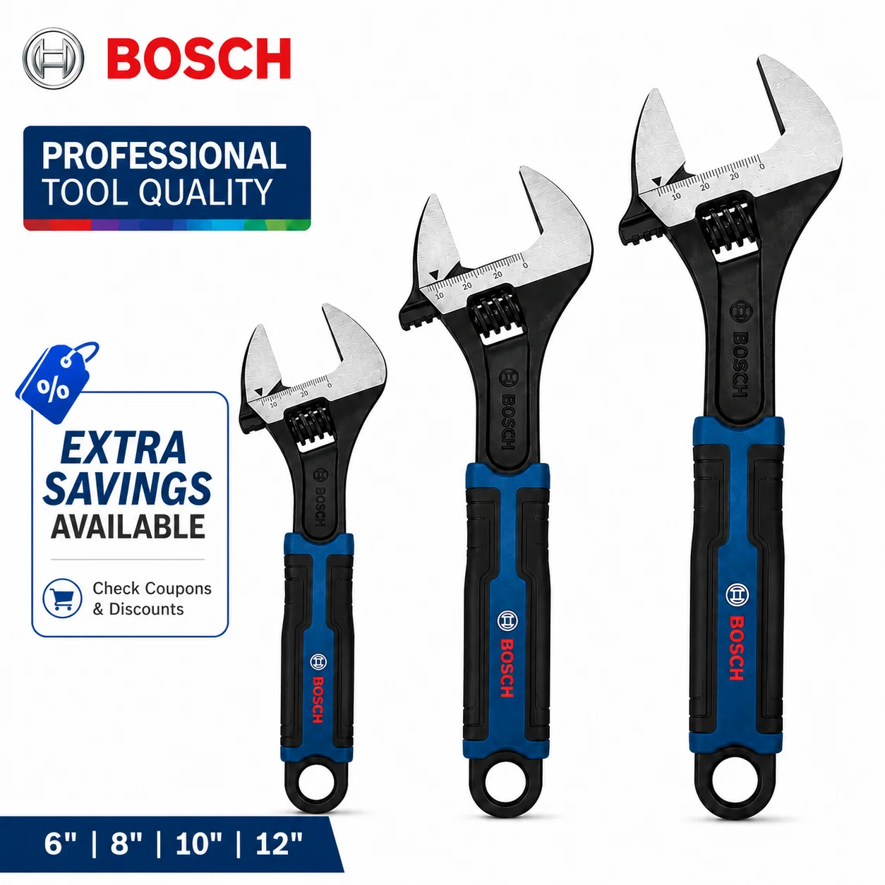 BOSCH Adjustable Wrench 6 8 10 12 Inch High Carbon Steel Spanner Anti Slip Handle Plumbing Auto Repair Nut Bolt Hand Tool
