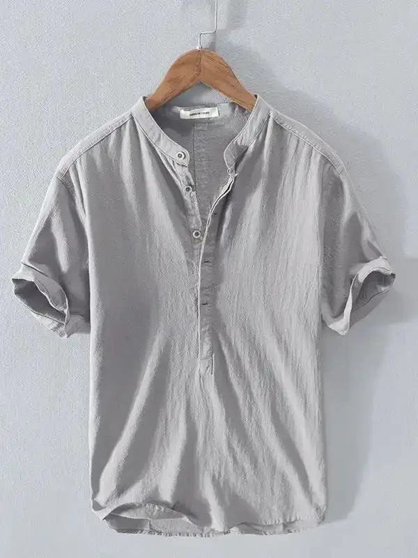 

Мужская летняя льняная рубашка с воротником-стойкой и коротким рукавом, ультратонкая, удлиненная, для активного отдыха, молодежная мода