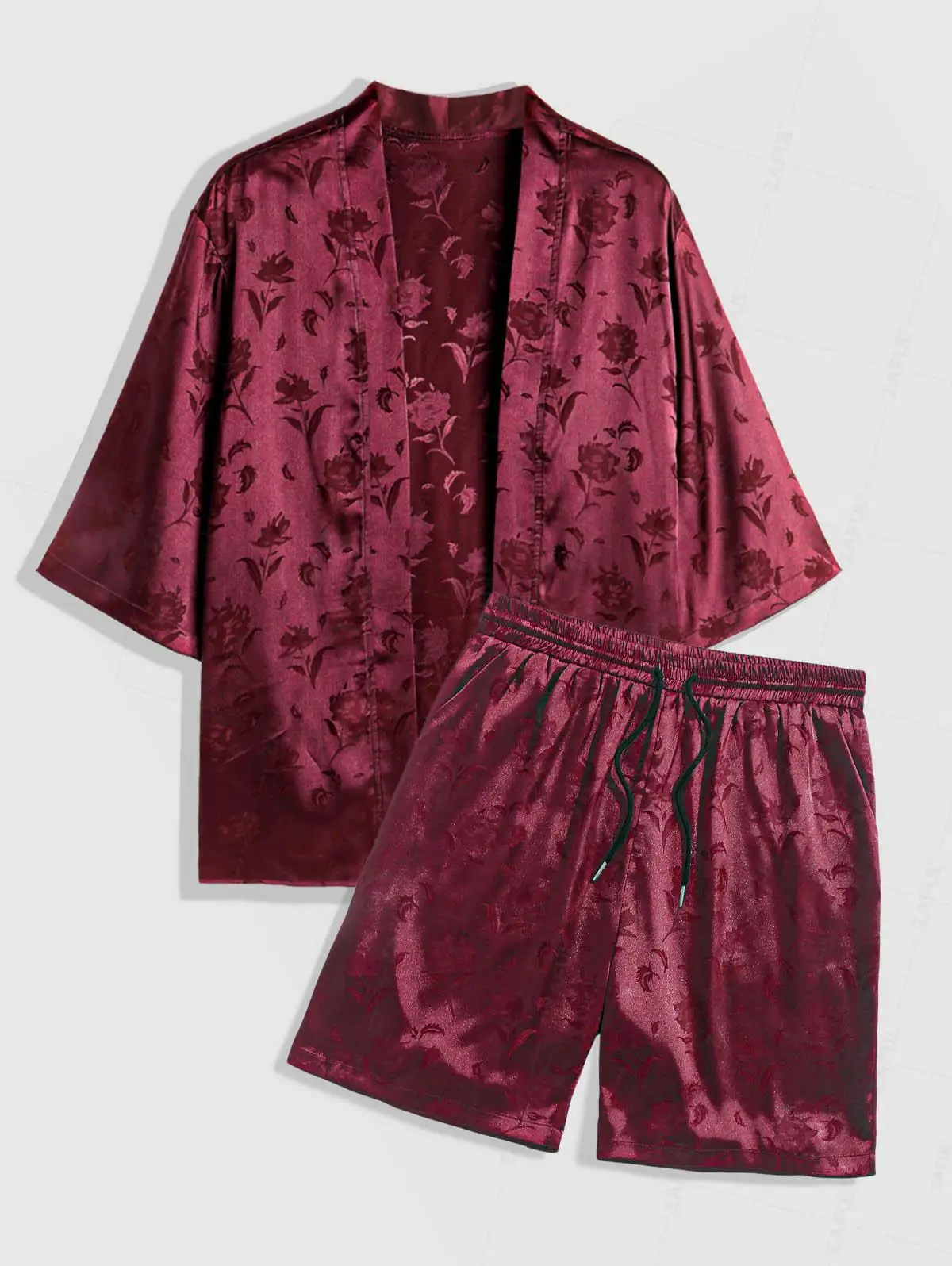 ZAFUL Men's Silky Satin Rose Printed Open Front Kimono Shirt