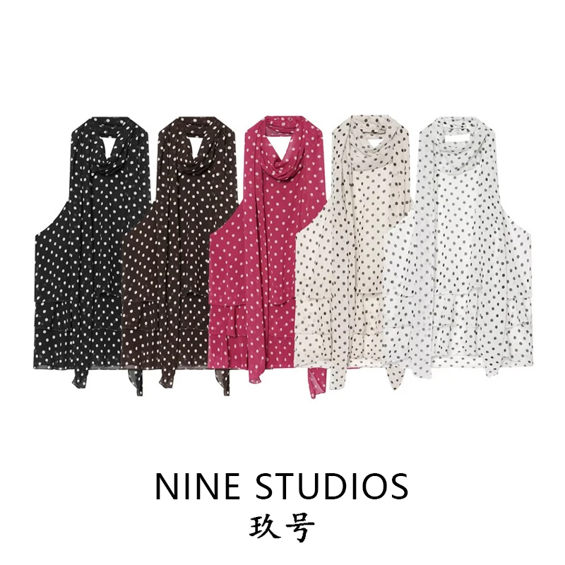 NINE ZAR Women's Polka Dot Print Layered Decorative Collar Top Vest Casual High Neck Short Length Polyester Fabric Summer