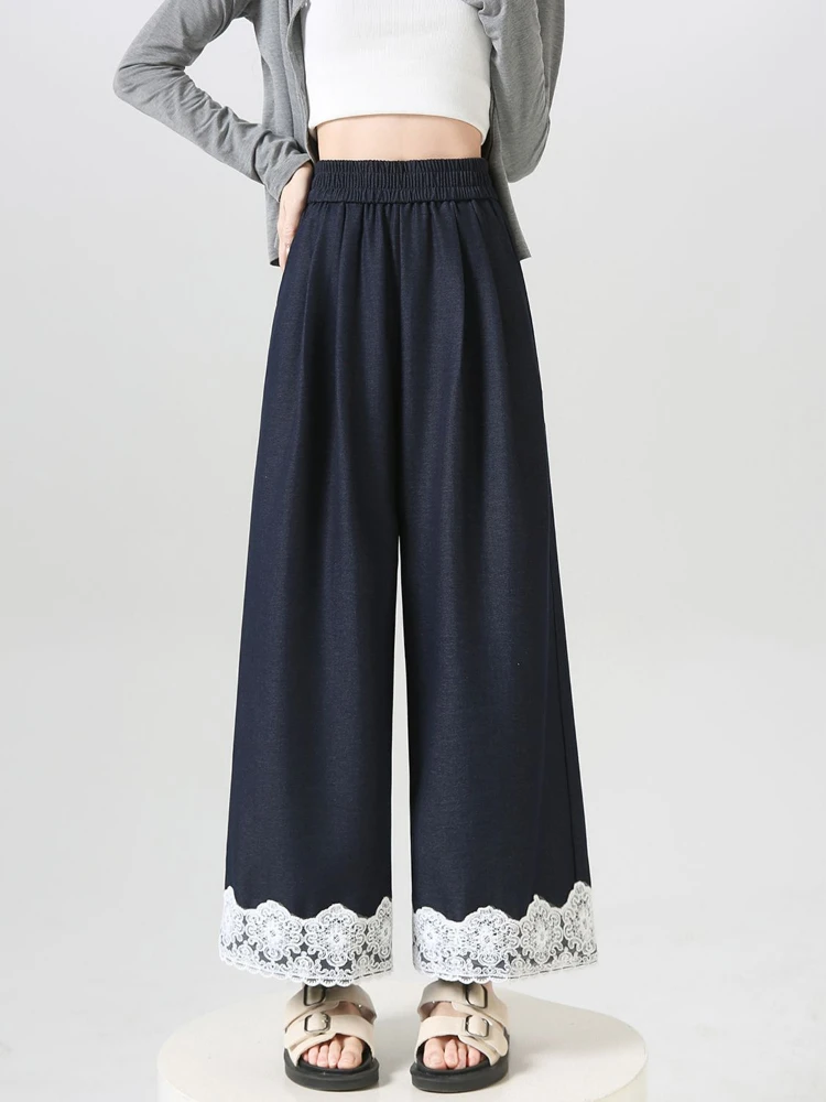 

Contrast Spliced Lace Casual Pants Women Summer High Waist Wide-leg Pants Breathable Lightweight Fashion Straight Pants