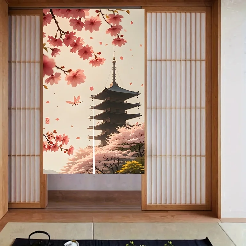 1pc  Japanese cherry blossom print door curtain, polyester fabric, machine washable, suitable for bedroom and living room