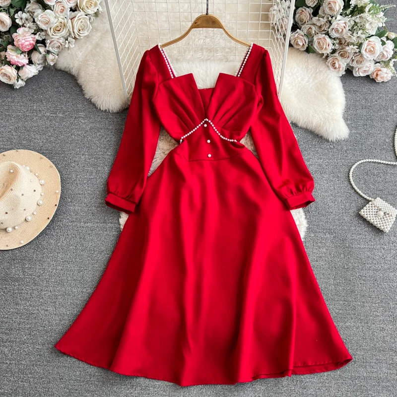 

Women's Dress French Style Vintage Square Collar Beading Solid Color A-Line Mid-Length Elegant Temperament Dresses Party Wear